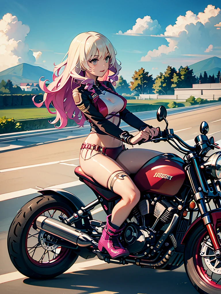 Sakura (Naruto) Pink hair, big breasts, thin waist, wearing a latex bikini, riding a motorcycle, naughty face, sensual pose, nyantcha style 