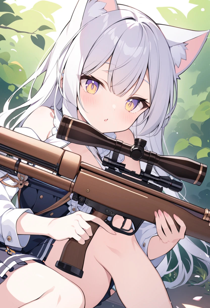 4K、（（Great anime））（(Masterpiece)） (high quality) (detailed: 1.9) (Perfect Face) (detailedな髪) (Shiny Hair: 1.9) (Glowing Skin) （（cute））（（One Girl））（（cute））（Short:1.9）（Thin waist:1.9）（（（（10 year old beautiful girl））））（（Pettanko's chest））（（Short Hair））（（Silver Hair））Red Eyes、ear、Earrings、（（（（Maid clothes））））Frill headband、（（Hold a sniper rifle））（（Looking through the scope））（（Sniper））Prone、in the forest、