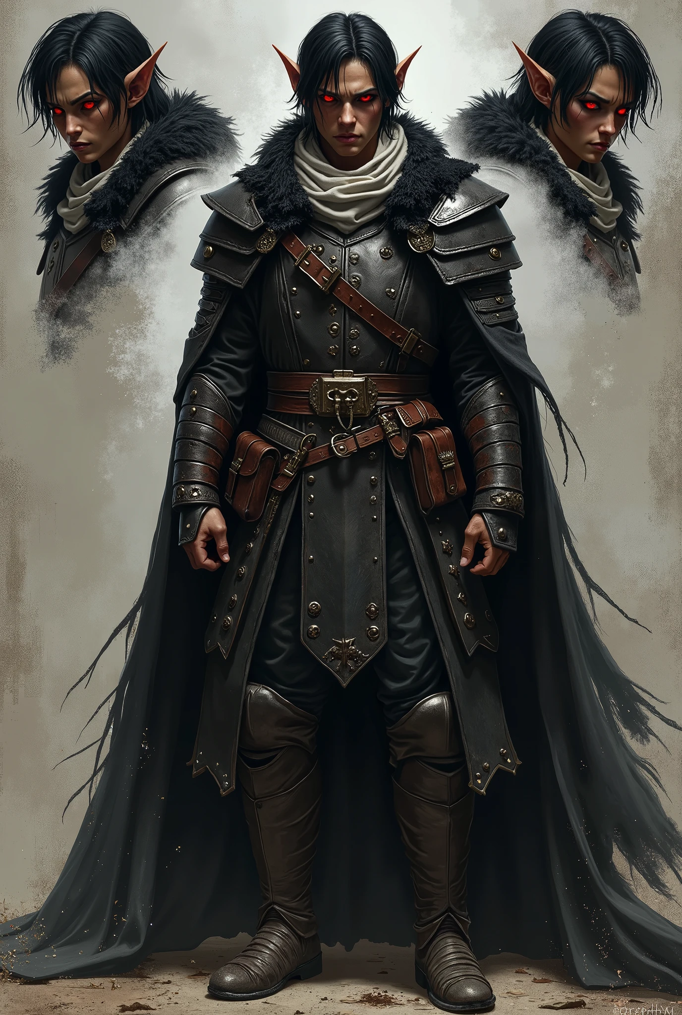 The character in the image is a gloomy and intimidating-looking warrior, with an aesthetic strongly inspired by medieval and dark fantasy fantasy. He has brown skin, bright red eyes and pointed ears, suggesting that he may be a black elf (drow) or a similar race. Her hair is short, black and slightly messy, with a rebellious and mysterious air. He wears dark-hued armor, composed of metal plates on a reinforced leather suit, that provides so much mobility as much as protection.  over the shoulders, there is a black cloak with fuzzy skin on the collar, giving him an air of nobility and grandeur. He also wears a white scarf wrapped around his neck, creating a striking contrast with your dark clothing. The main figure shows the full-body character, in a firm and combat-ready posture. Details such as belts, holsters and leather straps indicate that he can carry additional weapons or tools. The complementary images feature close-ups of the face, highlighting your serious and determined expression, in addition to the intense sparkle of his eyes, that reinforce his imposing and almost supernatural presence. No geral, the character conveys an experienced warrior vibe, maybe a mercenary, bounty hunter or member of a dark order. His dress and bearing suggest someone skilled in combat, used to battles and dangerous missions.