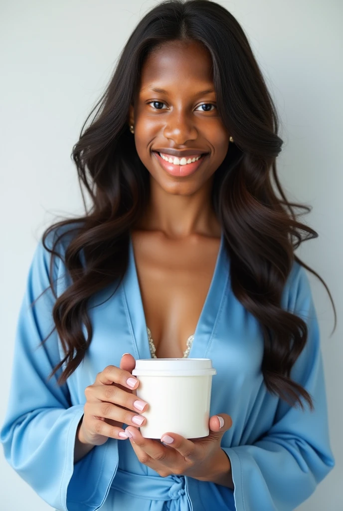 there is a black woman , the woman has, she has dark skin, with dark brownish skin, with long curly, long black loose moisturised curly hair she is taking a selfie In a clothing shop while holding coffee and her other hand