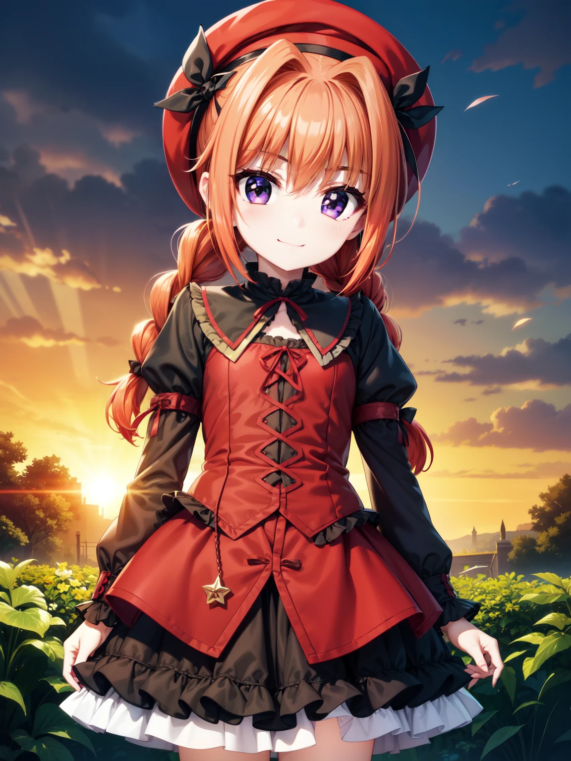 top quality、Otome、frontal shot,high definition、Standing Position、(animated illustration style:1.3)、Positive Attitude、Vita、garden、beautiful and charming orange hair、twin tails with braids、Red colored hat、Red Beret、Red hair illuminated by the sun、 beautiful and charming purple eyes 、beautiful eyes、Sharp Eyes,closed his mouth、smile、GothicAndreita、 Red and black gothic clothing、cowboy shot、