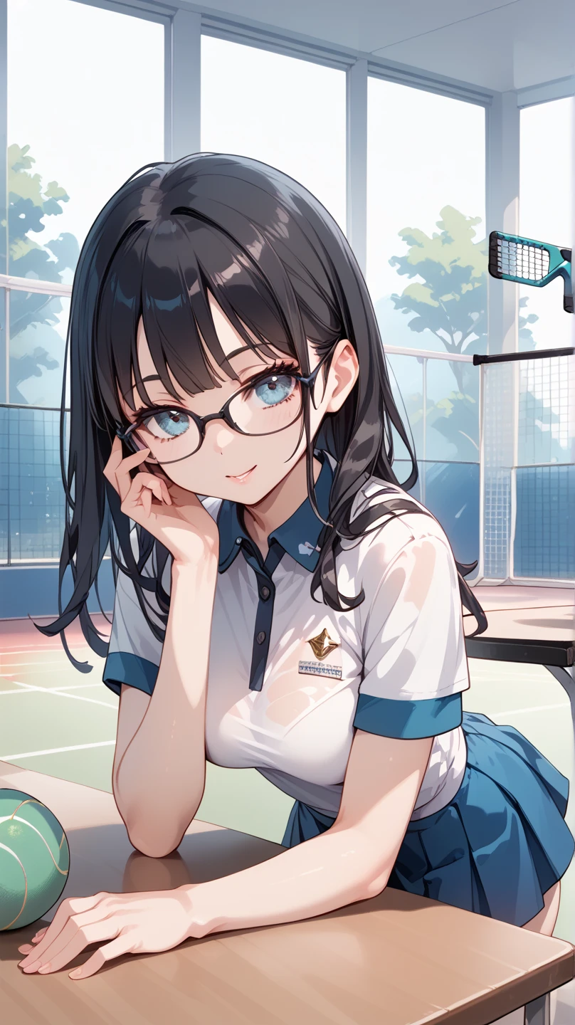 1girl,18yo,perfect hands, perfect finger,perfect anatomy, masterpiece, best quality,realistic, hyperrealistic, 16k hdr,, aamii, short hair, black hair, blue eyes, glasses, (sexy tennis wear,:1.2),outdoor,school,standing,(sweat:1.2),(happy smile),large breasts,upper body,(from side:1.2),looking at viewer,(leaning forward:1.3),necklace