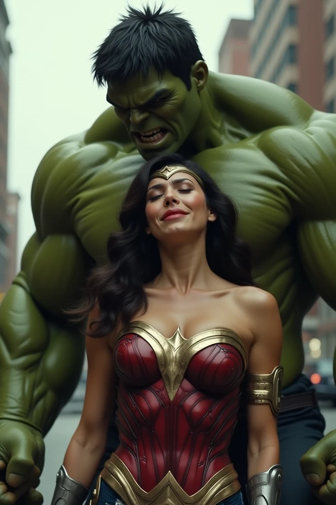 a couple of women walking down a beach next to a hulk,