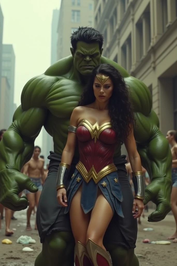 foto realistik hulk sedang bermesraan dalam dekapan dengan wonderwoman, di depan gubuk pematang sawah, dibelakangnya terdapat superman dan batman sedang tertawa