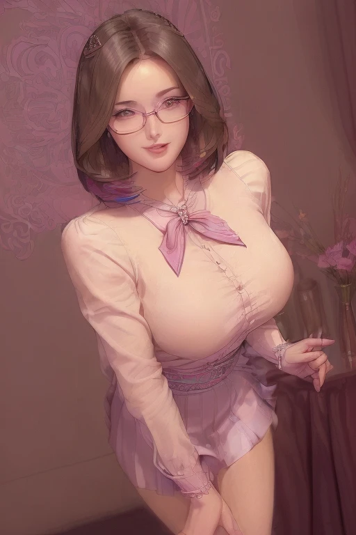 Beautiful woman with short black hair and glasses, big lips, big breasts and big hips wearing a frilly purple bonnet, frilly purple onesie, wearing a frilly white diaper, white stockings, in a library, looking angry