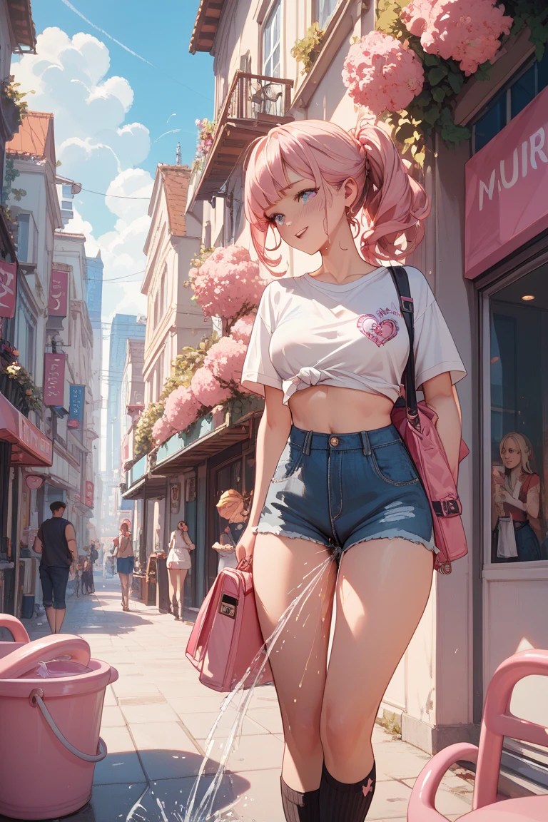 create an anime girl in a short denim skirt and a 21-year-old pink tank top in a cityscape