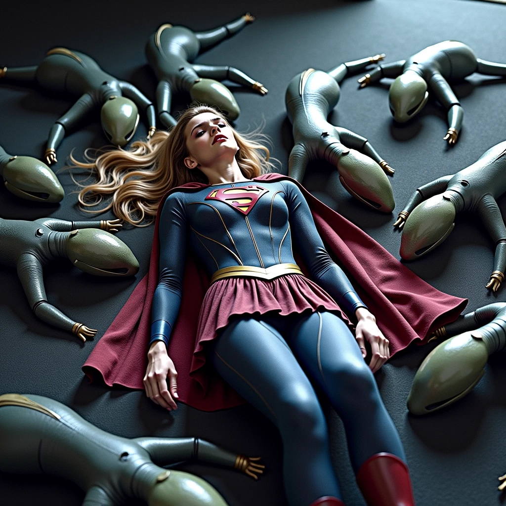 Supergirl is lying on the ground, a group of aliens attack her, Melissa Benoist as supergirl, unconscious, painful, injury, whole body, photorealistic, hyper realistic,