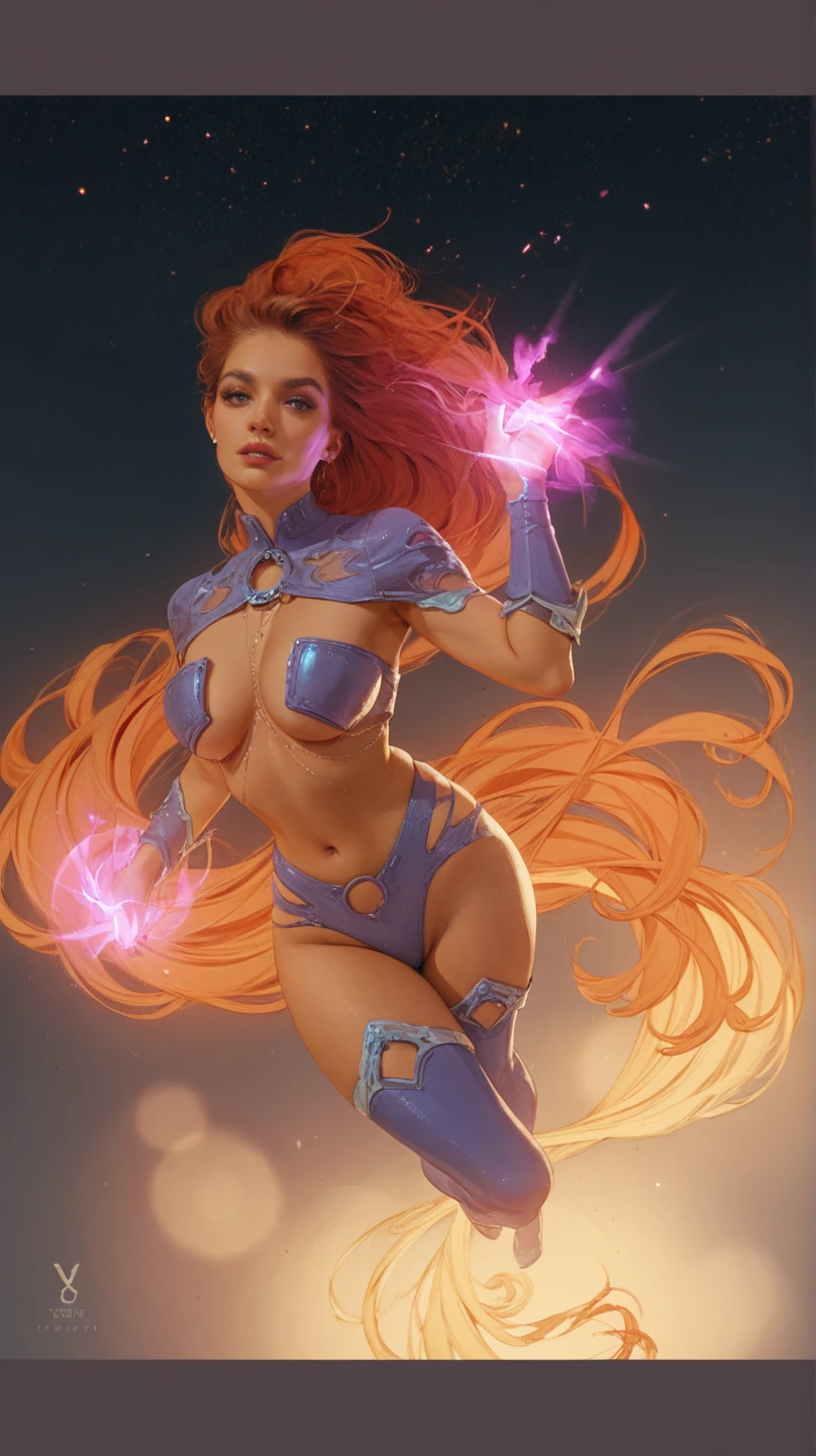 1girl, solo, Jean Grey of X-men, high leg unitard of black and gold, boob window in unitard, ((small bust)), ((thighs showing)), ((calf-high boots)), (color mandala tattoos on thighs:1.37), wings, floating in space, arms out in power pose, contrapposto stance, dramatically colorful cosmic background, moody lighting, 16k, best quality, masterpiece, (wide angle:1.27), full length portrait