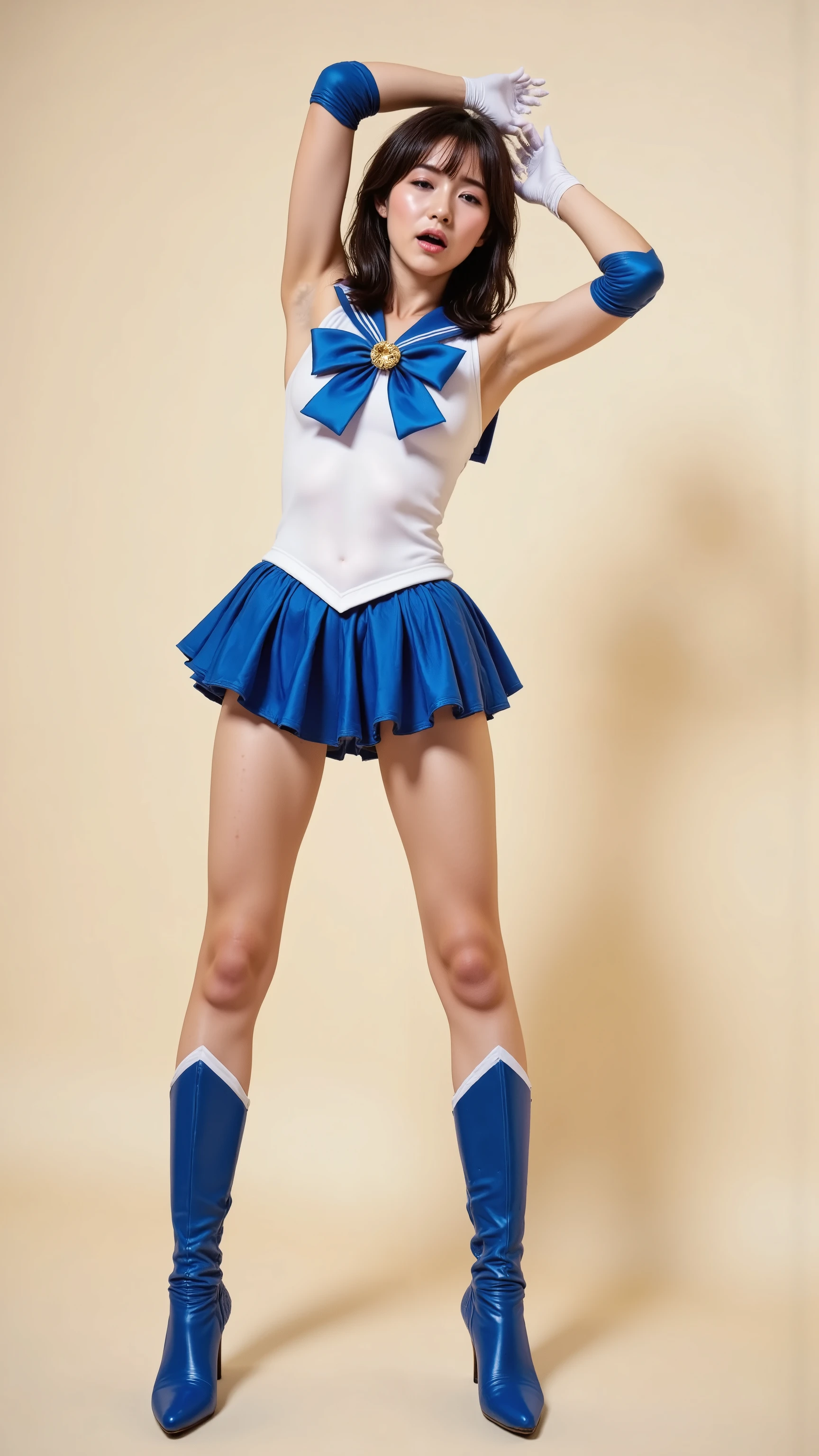 Best texture、High quality、Ulutra HD、8K、full body form、1 girl in、Japanese actressl、17 age、Sailor Mercury、bright green bright green green hair、light blue chest ribbon、blue blue pleated mini skirt、blue blue knee boots、White elbow-length gloves、nothing superfluous、A smile