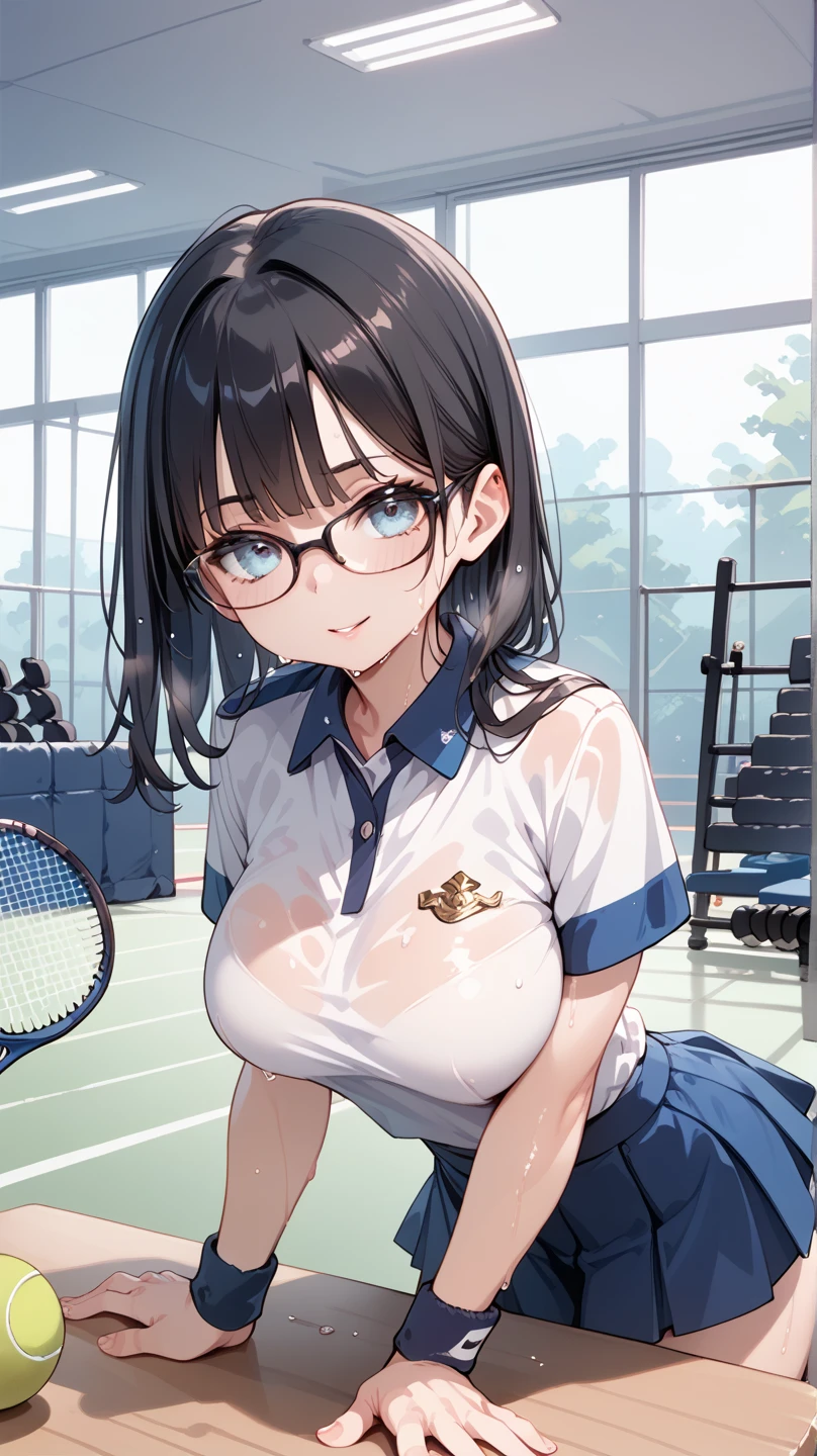masterpiece,highest quality,wonderful,finely,High resolution,1 girl, big breasts,(tennis uniform:1.3), huge breasts,black hair, glasses, green eyes,twin tails