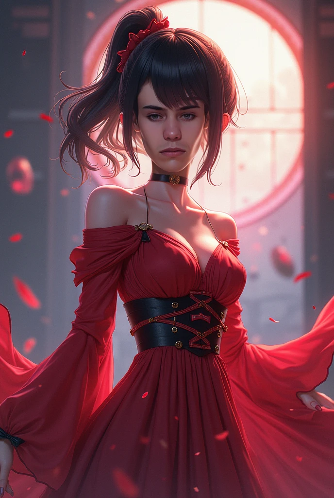 age:3 Gender:female
race:Vampire appearance:Long dark red hair,Translucent red eyes,Thin eyebrows,Bloody lips costume:Wearing a red and black low-cut evening dress,The breasts are very full,Long legs character:Evil,lure