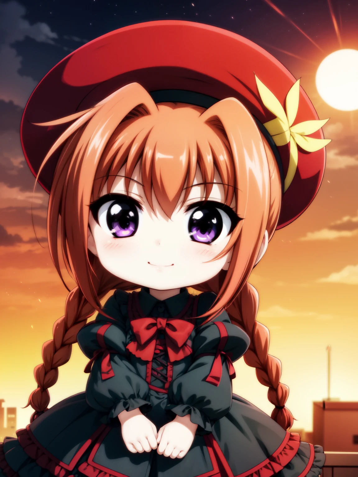 top quality、Otome、frontal shot,high definition、Standing Position、one girl、solo、(animated illustration style:1.3)、Positive Attitude、Vita、((Chibi Characters:1.2))、可愛いsmile、(Chibi Characters:1.2)、top quality、、beautiful and charming orange hair、twin tails with braids、Red colored hat、Red Beret、Red hair illuminated by the sun、 beautiful and charming purple eyes 、beautiful eyes、Sharp Eyes,closed his mouth、smile、GothicAndreita、 Red and black gothic clothing、、(Genuine、real、real)、cowboy shot、