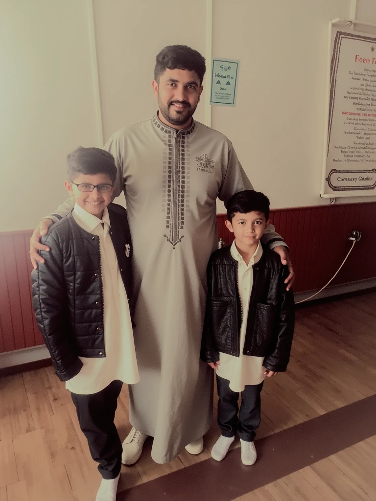 a saudi man in traditional saudi clothes standing next to his son and daughter in school uniforms full body, school background,(best quality,4k,8k,highres,masterpiece:1.2),ultra-detailed,(realistic,photorealistic,photo-realistic:1.37),highly detailed faces and expressions, beautiful detailed eyes,beautiful detailed lips,extremely detailed eyes and face,longeyelashes,traditional saudi architecture,school building,intricate details,vibrant colors,dramatic lighting,cinematic composition
