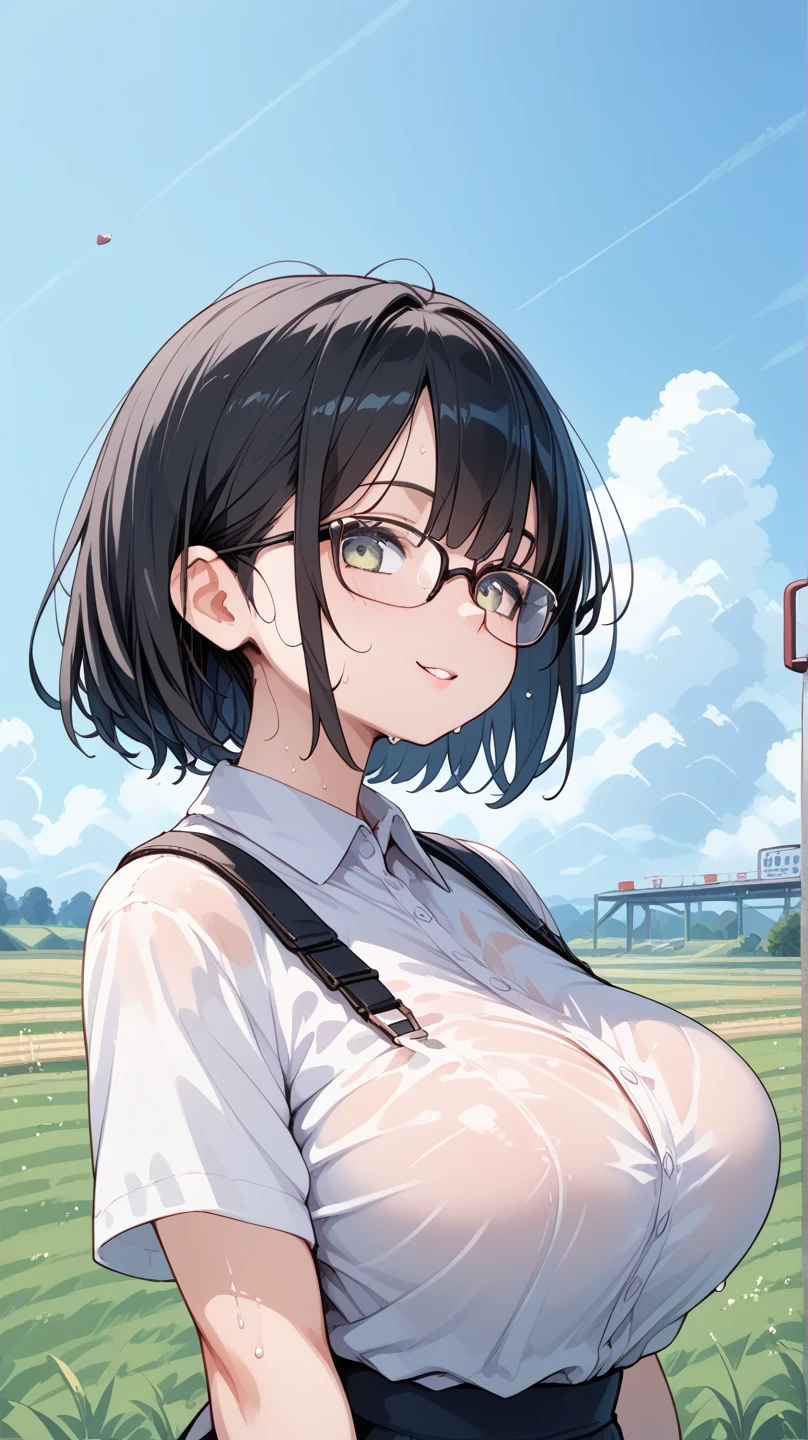 (Perfect body),Best Quality,(8K Portrait),(Official art)、(NSFW)、((Brown-skinned))、Red-rimmed glasses、embarrassed from、1girl in,(((:D)))、Wavy mouth、Surprised、(blush),(Sweat),(((large udder)))、(thick thighs)、(big butts)、(Dark hair),Blunt bangs,(The hair is tied in a bun at the back)、((((Short hair))))、Sleeveless white shirt、Black Pencil Skirt、pink earring、 (Red Eyes)、In the street、Armpits、