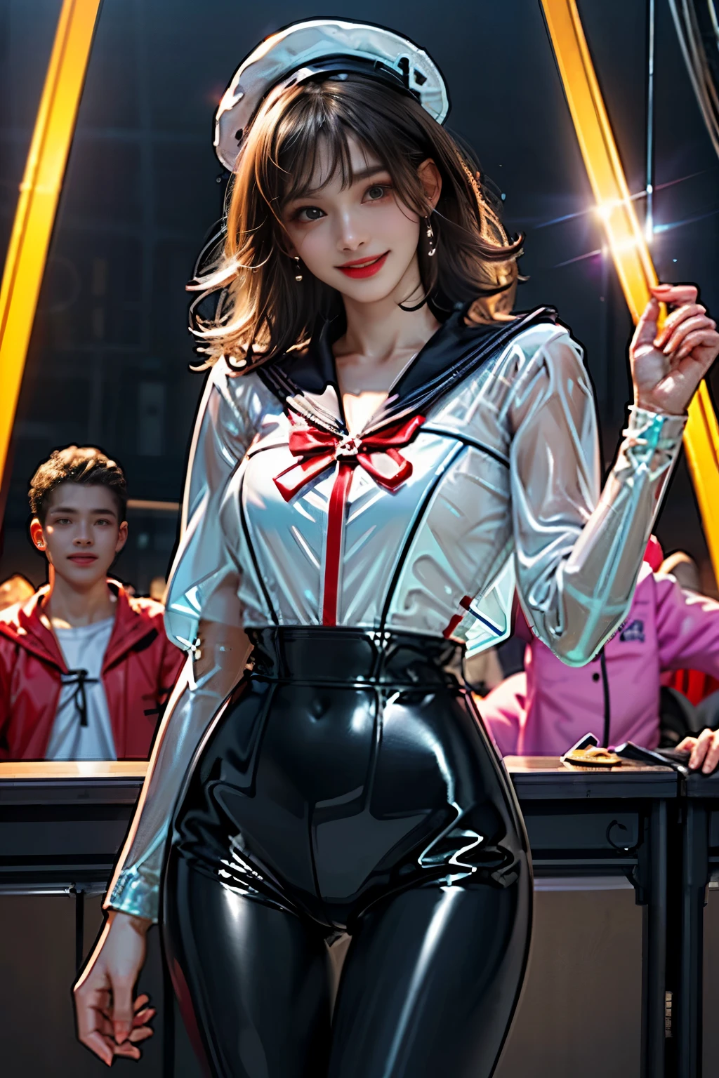 (RAW Photos、Highest quality)、(Realistic、Photorealistic:1.3)、Highest quality、masterpiece、Very delicate and beautiful、A hVery detailed、Hmph、Sense of unity、2k wallpaper、growing up、Beautiful in every detail、masterpiece、light smile、Highest quality、HVery detailed ticker Unity 8K wallpapers、Large file size、Very detailedな、High resolution、Very detailed、((Euphoric look))、((orgasm:1.2))、((smile:1.15))、((sweating:1.4))、((translucent:1.55、A sailor-style bodysuit with a collar that fits snugly against the skin for a beautiful silhouette..:1.6))、Pink and red、ribbon、Sailor Hat、Double frill garter、Very cute girl、10th Generation、Part of an idol group、(((At a concert「ザ☆ピ〜s!」Dancing)))、(Spread your legs wide), (Pull your hips back), (Warp your upper body), Place your left hand on your hip.、The right hand salutes with two fingers、Hair is moving、Spotlight、Professional Lighting、Cinematic Light、3D、Audience'perspective、