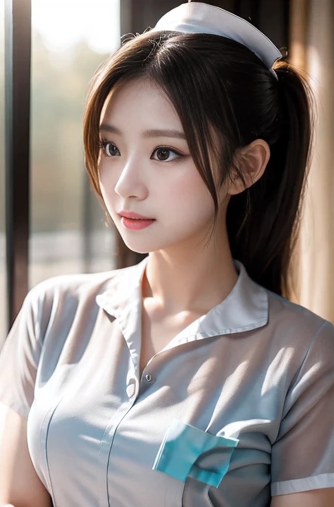 (3 Ultimate Beauty Nurse)、{{{masterpiece}}}， {Oh oh oh, Oh, really：1.2}， best quality， official art， Highly detailed CG Unity 8k wallpaper， The facial details are very rich、delicate lips、delicate eyes、double eyelids、((red bob hair))、(Nurse:1.3)、(charming figure)、(huge)、（（Open your mouth and smile： 1.8， cute smile： 1.8））， solo， Short hair details， vibrant smile， blue eyes，with eyes_Tokar， {Beautiful detailed gradient eyes}， red lips，thigh, thigh, thigh, perfect fit, Perfect Image Realism, background with: (hospital ward:1.2), cow boy shooting, Detailed background, detailed clothing, Wear a nurse hat，Wear Nurse Clothes，perfect lighting、Surreal、(Realism:1.4)、8K maximum resolution, (masterpiece), The content is very detailed, professional，