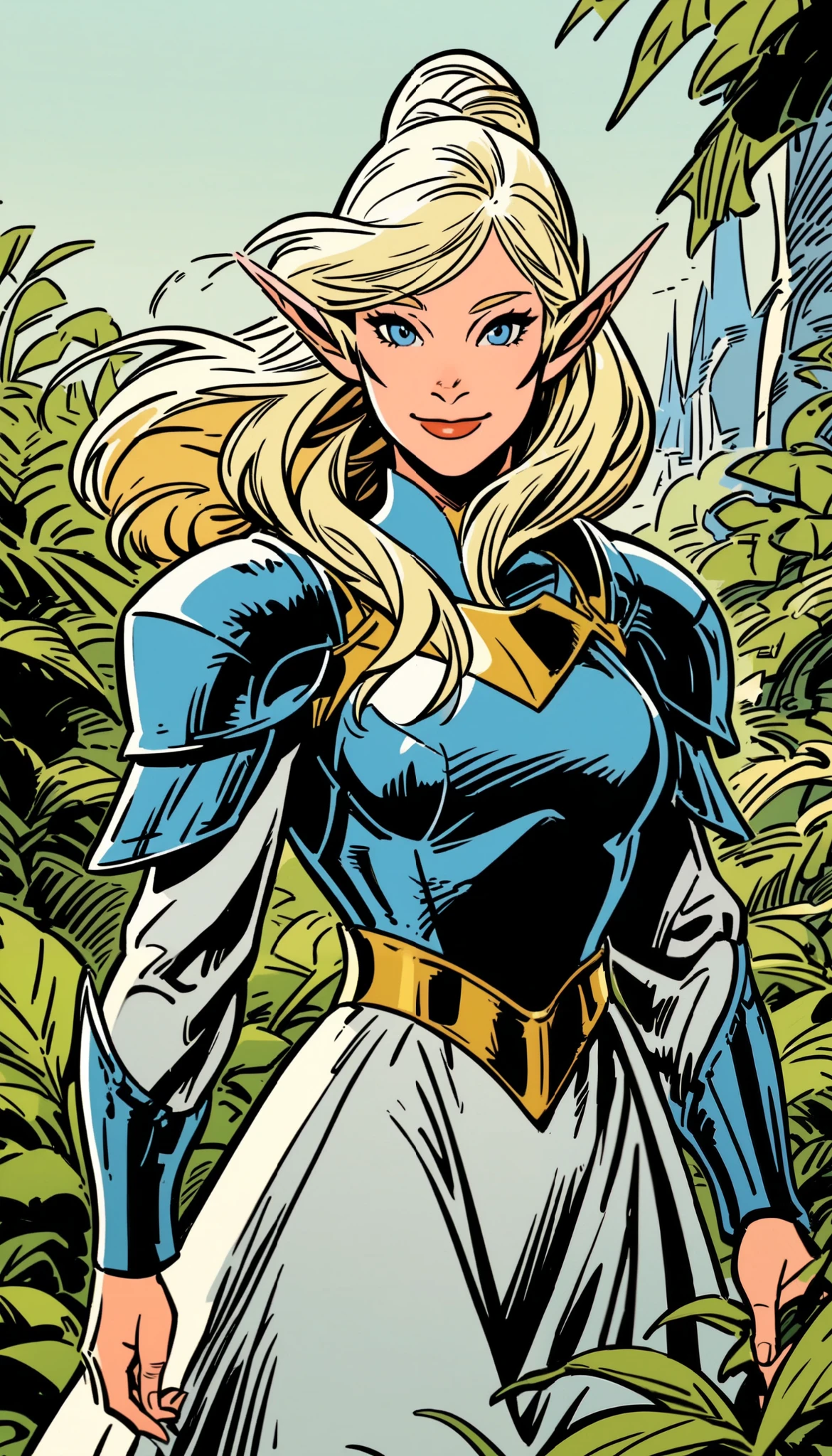 c0m1c_v2,  1girl, solo, pointy ears, elf, looking at viewer, blue eyes, long hair, armor, dress, smile, shoulder armor, outdoors, white dress, white hair, closed mouth, hair bun, blonde hair, single hair bun, breasts, standing, swept bangs, upper body, pauldrons, cowboy shot, leaf, plant