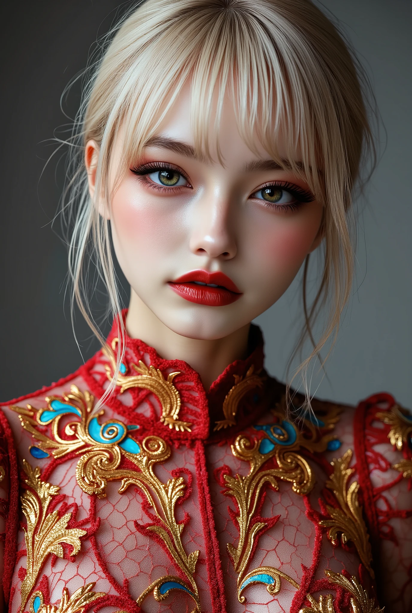 Realistic ((Photorealistic realism)), Hyper high resolution, ((Hyper insanel quality, epice masterciece, intricately detailed digital art)),((focus on extremely Realistic Proportion Body:1.3))(ultra realistic texture details: velvety skin, hair), ((sharp focus, no blurry eyes, Hyper absurd quality, Hyper details,Hyper realistic green_eyes:1.4)),((extra narrow eyebrows)),(Carefully draw Long blue_mascara:1.15),(perfect round eyes), (finely detailed pupils, (extremely fine details pupils)), detailed lips:1.3, (apply glossy red_lipstick:1.3), (perfect proportions:1.2), BODY PAINT FINISH, ((Transparent_ Garnet Solo Mesh))、 Versace Baroque Pattern), body paint dress, (short blonde stylish hair, ((slicked to the side:1.3)), extreme details:1.35)), dslr, high quality split lighting, sharp focus captured by Fujifilm XT3, f 5.6,(perfect composition),((look at the viewer)), HDR, UHD, studio lighting, physically-based rendering, vivid colors,
