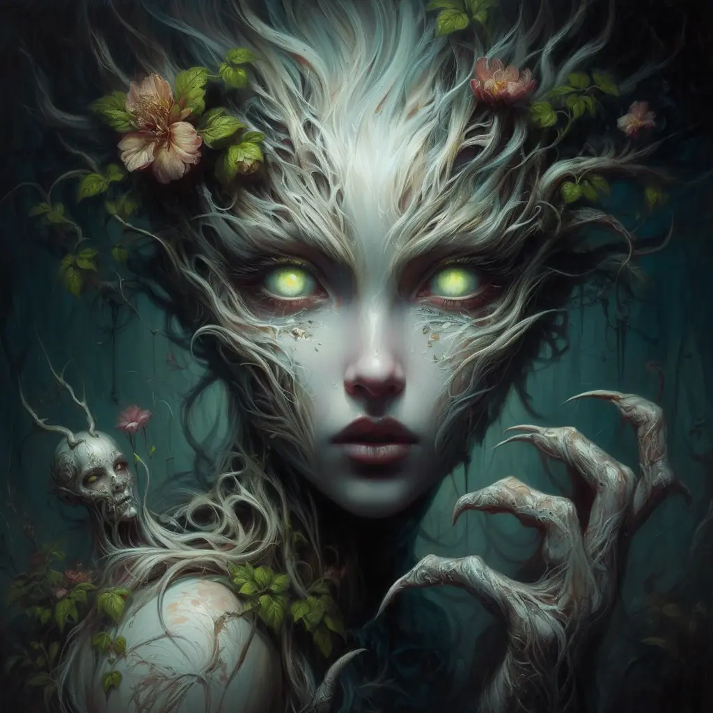 a close up of a woman with a strange face and a tree, portrait of a dryad, dryad, ent treant dryad, inspired by tomasz alen kopera, humanoid flora, fantasy horror art, horror fantasy art, tomasz alen kopera and cgsociety, lolth, alien woman, forest dryad