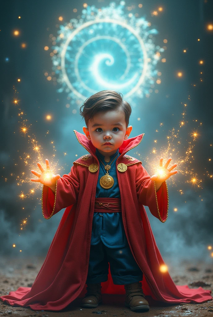 White toddler, 3-year-old, short-haired, wearing doctor strange costume, having fun, magic smoke, light effect.