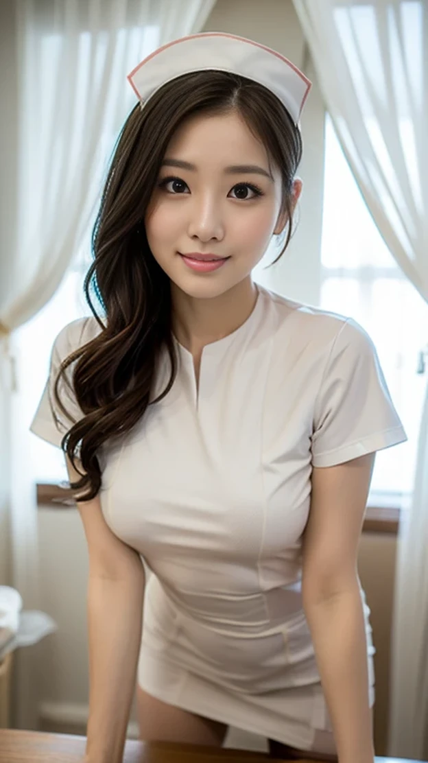 super high resolution, Smooth lighting, bright light that emits bubbles, table top, top quality, Very Well Detailed, details, highest resolution, (nsfw), ((White nurse costume:1.4)), light beige hair color, has long straight brown hair covering part of her face. The environment is like indoors, There is a thin white curtain with soft natural light illuminating the scene. The whole atmosphere is intimate and focused, the background is softly blurry.