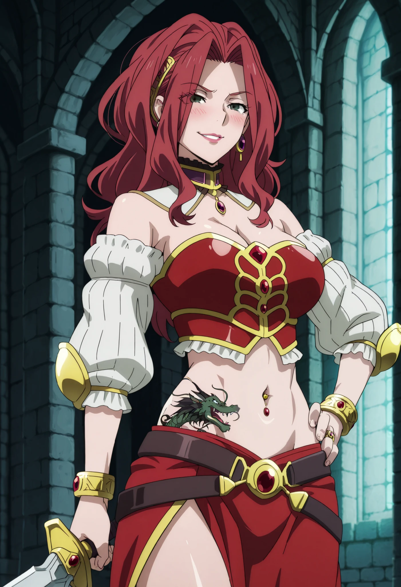 Malty Melromarc (The Rising of the Shiel) beautiful body,athletic body, beautiful breasts, bracelets,ring,braceletes,collar,tiara,visible private parts , ultra detailed image, anime image ,girl, anime malty, medium Breasts, excitement, red hair, green eyes , ear piercing, long hair, blush, lipstick,Hot girl, baddie, sensual, attractive ,jewelry, earrings, large breasts, long hair, black eyes,||1. yomamabhamazon, navel, crop top, red clothing, cleavage, long sleeve, side slit, bare shoulder, off shoulder, dragon tattoo, narrowed eyes, tattoo midriff , smirk, castle,inside castle, masterpiece,best quality,mature,evil smile ,necklace,pendant, (nsfw) not safe for work, exposed belly, exposed navel, midriff, exposed lower belly, ,cleavage, , fur trimmed corset,holding a sword, sword, cleavage, navel piercing