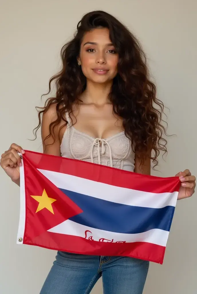The image shows a very sexy woman wearing a red mini crop top shirt that radiates energy and attractiveness.. Proudly holding a mini flag of Colombia, whose yellow stripes, blue and red represent its rich culture. she wears a shot of jean 