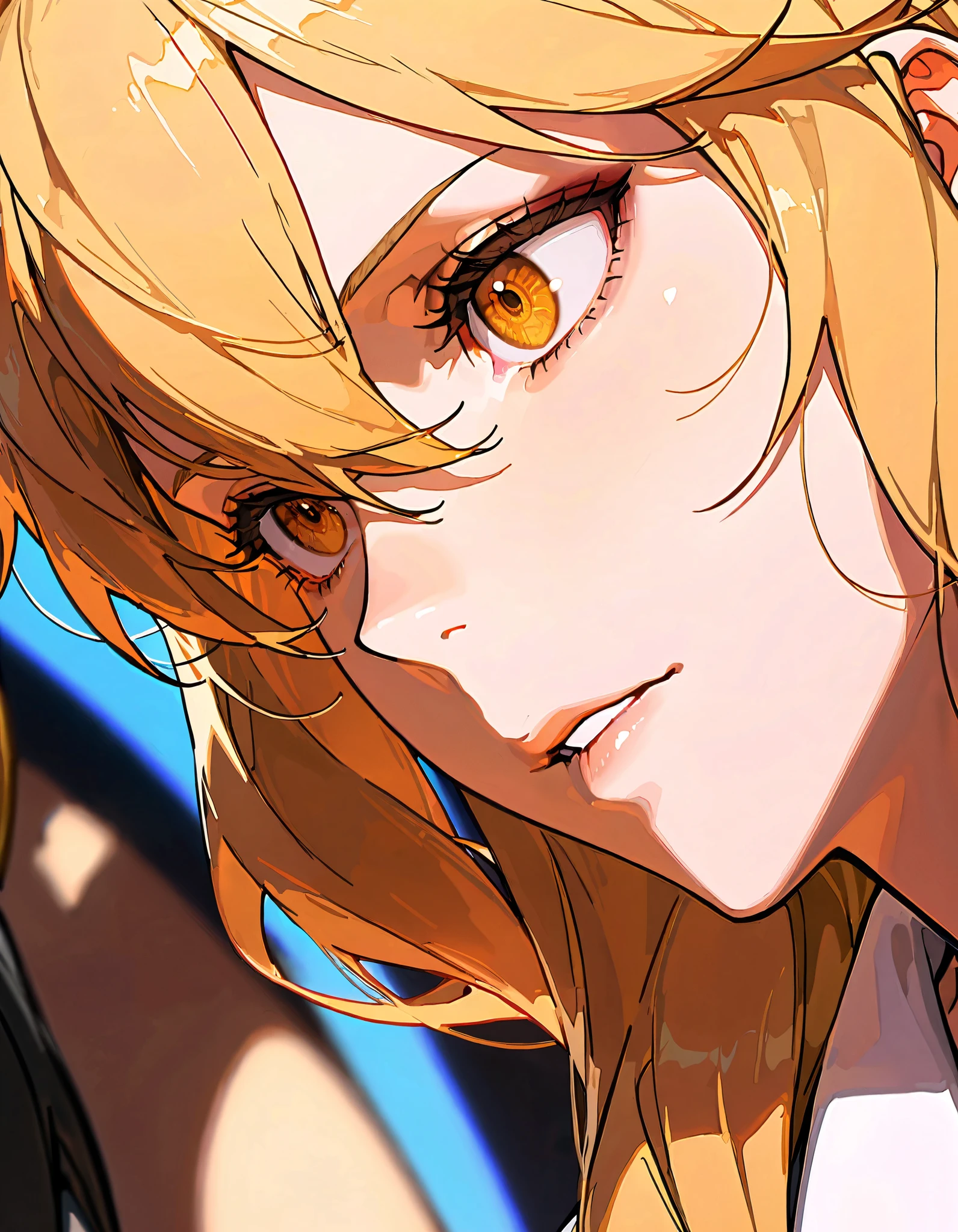 (artist:OKAZU:1.10), (artist:hiten:0.51), artist:WANKE, (artist:ciloranko:0.55), (Gina, Solo Leveling character), (masterpiece: 1.2), (best_quality: 1.0), (solo: 1.4), 1woman, 35 years old, middle-aged woman, (solo focus, 1view), (mature woman, strict facial features, sharp facial features), ((face focus: 1,4)), ((Ultra Detailed, Cinematic, hyper detailed, Hyperresolution, official arts, Wallpaper 40k, Mind-blowing art)), (blonde long hair, hair between eyes), voluminous hair, bright brown eyes, mesmerizing eyes, Beautiful nose, Beautiful character design, perfect eyes detail, perfect face, Colorful, Bright_Front_face_Lighting, (bright_color: 1.2), (beautiful_face: 1.5), seductive, (beautiful, clean skin), side view, bottom view, simple background, black background,