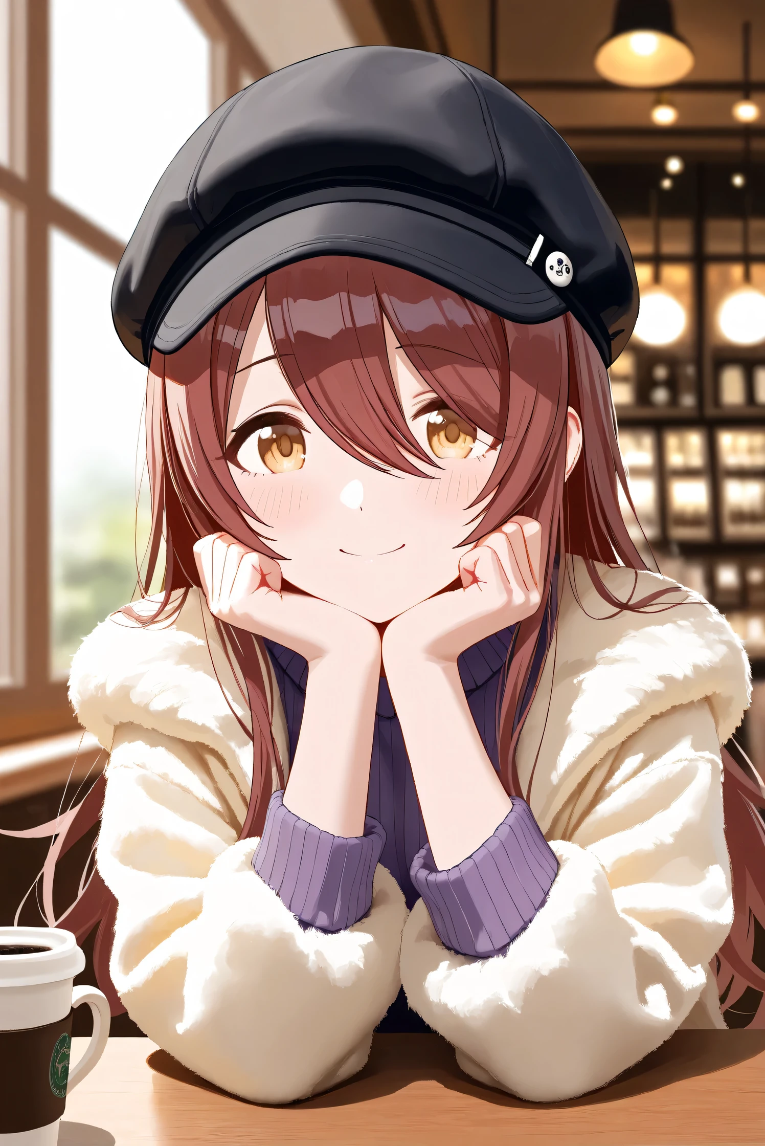 (Masterpiece), (Highest quality), (Very detailed),
(The best shape), (Best Shadow), (Absurd),
(Detailed background), (So beautiful), Shiny ,
Extraordinary, Countershading, 8k, 32K, High resolution, Beautiful eyes in every detail,
Very Detailed CG, UHD,
Score_9, Score_8_up, Score_7_up, Source_anime,
(Pastel painting:1.2), (Watercolor painting:1.2),
(Masterpiece, Detailed:1.2), (Foreshortening:1.2),
Cinematic, Dramatic, (Depth of field:1.4),
(Blurry background:1.4), (Realistic background:1.4),
(Foreshortening:1.3),Dynamic angle, 1 girl,
indoor, coffee shop, Antique coffee shop,
Cinematic Light,
Osaki tenka,
the idolmaster shiny colors,
tenkaosaki,
red hair, brown hair, yellow eyes,
(casual wear:1.3),
Work cap, Black cap,
Fur coat, Khaki coat
Sweater, Purple sweater, Sweater sleeves,
Portrait, Focus on face,
(Blush:1.3), Happy, smile,
sitting, face rest, put her face on arms,
Realistic skin, Shiny skin,