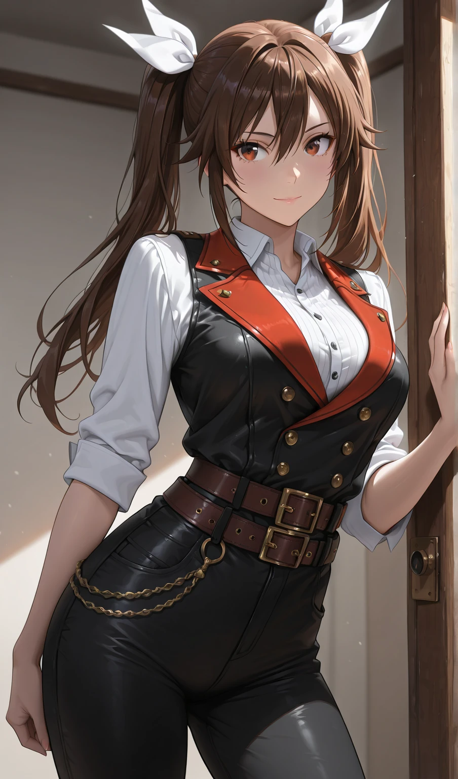 Cute fantasy thief girl with brown eyes and brown hair in leather clothes