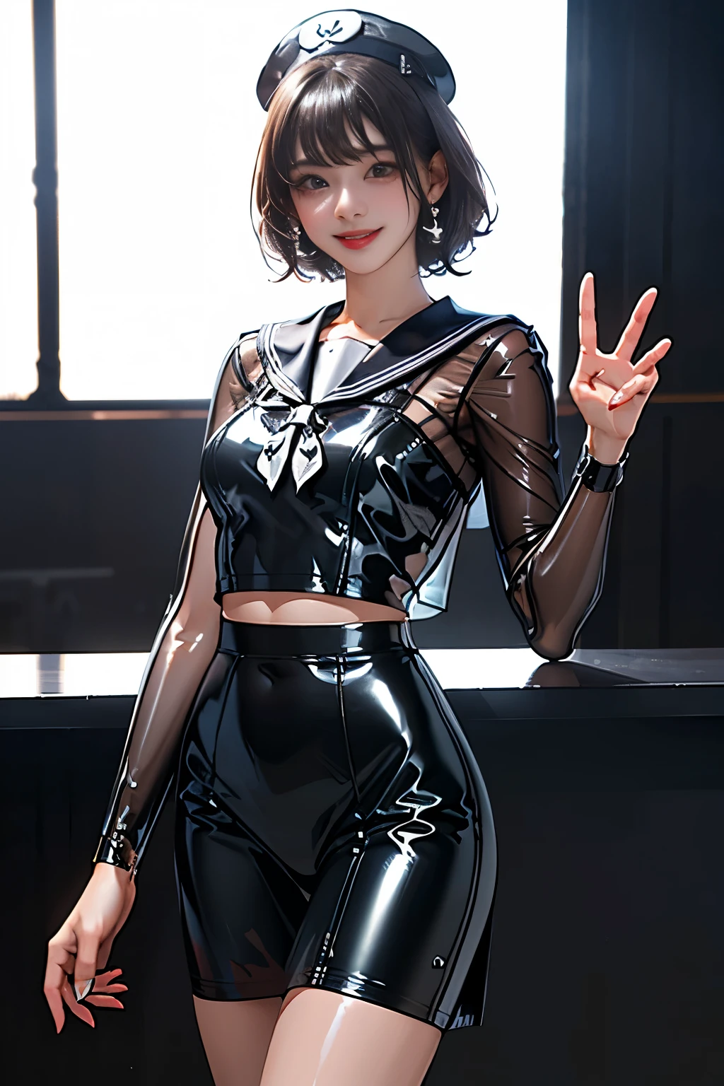 A young and beautiful woman、very beautiful、Top Idol、(Concert)、Euphoric look、smile、sweating、Dance hard、Hair is moving、((Tight transparent latex sailor suit, Tight transparent latex sailor skirt:1.45))、(ribbon)、Spotlight、View your viewers、