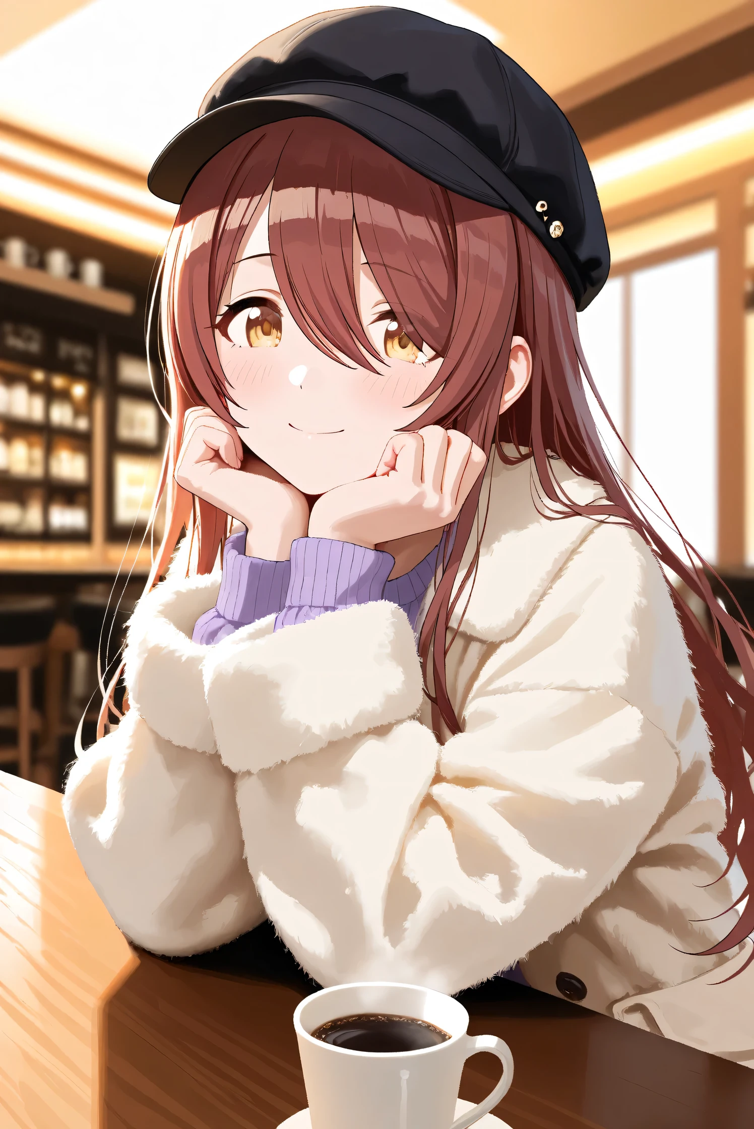 (Masterpiece), (Highest quality), (Very detailed),
(The best shape), (Best Shadow), (Absurd),
(Detailed background), (So beautiful), Shiny ,
Extraordinary, Countershading, 8k, 32K, High resolution, Beautiful eyes in every detail,
Very Detailed CG, UHD,
Score_9, Score_8_up, Score_7_up, Source_anime,
(Pastel painting:1.2), (Watercolor painting:1.2),
(Masterpiece, Detailed:1.2), (Foreshortening:1.2),
Cinematic, Dramatic, (Depth of field:1.4),
(Blurry background:1.4), (Realistic background:1.4),
(Foreshortening:1.3),Dynamic angle, 1 girl,
indoor, coffee shop, Antique coffee shop,
Cinematic Light,
Osaki tenka,
the idolmaster shiny colors,
tenkaosaki,
red hair, brown hair, yellow eyes,
(casual wear:1.3),
Work cap, Black cap,
Fur coat, Khaki coat
Sweater, Purple sweater, Sweater sleeves,
Portrait, Focus on face,
(Blush:1.3), Happy, smile,
sitting, face rest, put her face on arms,
Realistic skin, Shiny skin,