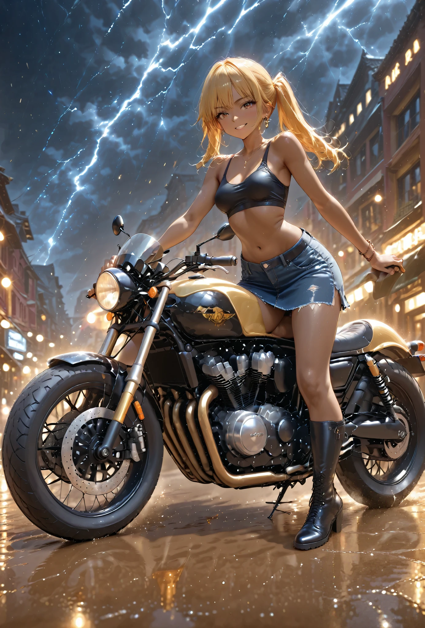 A motorcycle tuned to Cafe Racer specifications and 1 person(kogyaru)beauty Drenched Ponytails blonde brown skin black skin Realistic RAW photos Malicious Expression smile Look at you melancholy mood earrings bracelet、 standing、textured skin 、small breasts in Mbini、Toned Arms、Drenched Jeans' Jackets、Drenched Jeans' Skirts、tanned leather long boots、bad weather、thunderstorm、Fluid all over the body