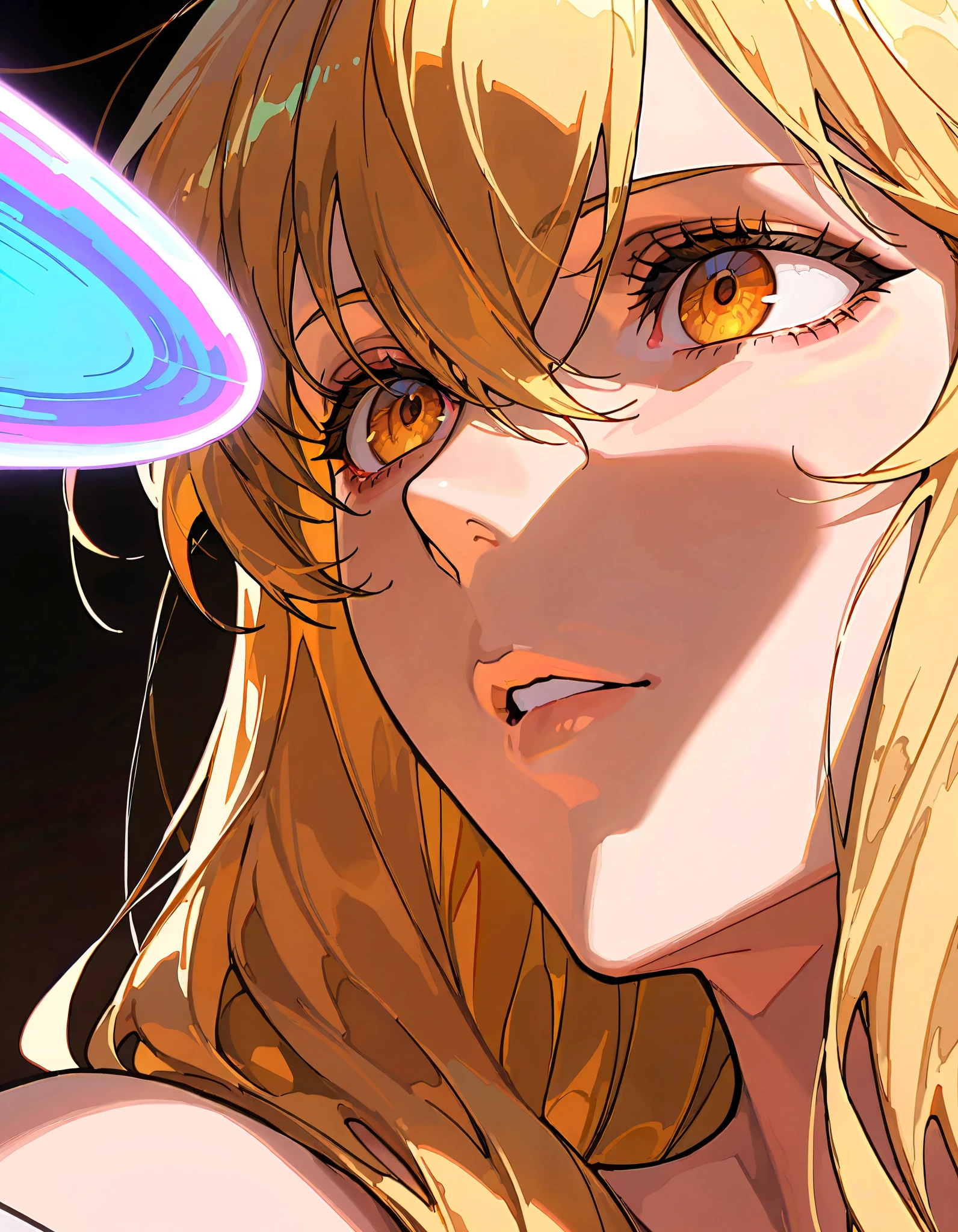 (artist:OKAZU:1.10), (artist:hiten:0.51), artist:WANKE, (artist:ciloranko:0.55), (Gina, Solo Leveling character), (masterpiece: 1.2), (best_quality: 1.0), (solo: 1.4), 1woman, 35 years old, middle-aged woman, (solo focus, 1view), (mature woman, strict facial features, sharp facial features), ((face focus: 1,4)), ((Ultra Detailed, Cinematic, hyper detailed, Hyperresolution, official arts, Wallpaper 40k, Mind-blowing art)), (blonde long hair, hair between eyes), voluminous hair, bright brown eyes, mesmerizing eyes, Beautiful nose, Beautiful character design, perfect eyes detail, perfect face, Colorful, Bright_Front_face_Lighting, (bright_color: 1.2), (beautiful_face: 1.5), seductive, (beautiful, clean skin), front view, bottom view, simple background, black background,