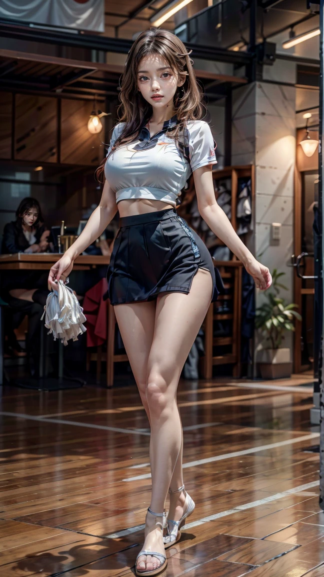 a 18 year old girl, Sitting at a desk in a convenience store, Bokeh, Perfect Figure, (((Hand-lifted skirt, boxer shorts, I can see the panties))), ((My eyes crossed, captivating)), Short T-shirt, slim tummy, (mini-skirt),(Spread your legs), Look from behind, Big ass