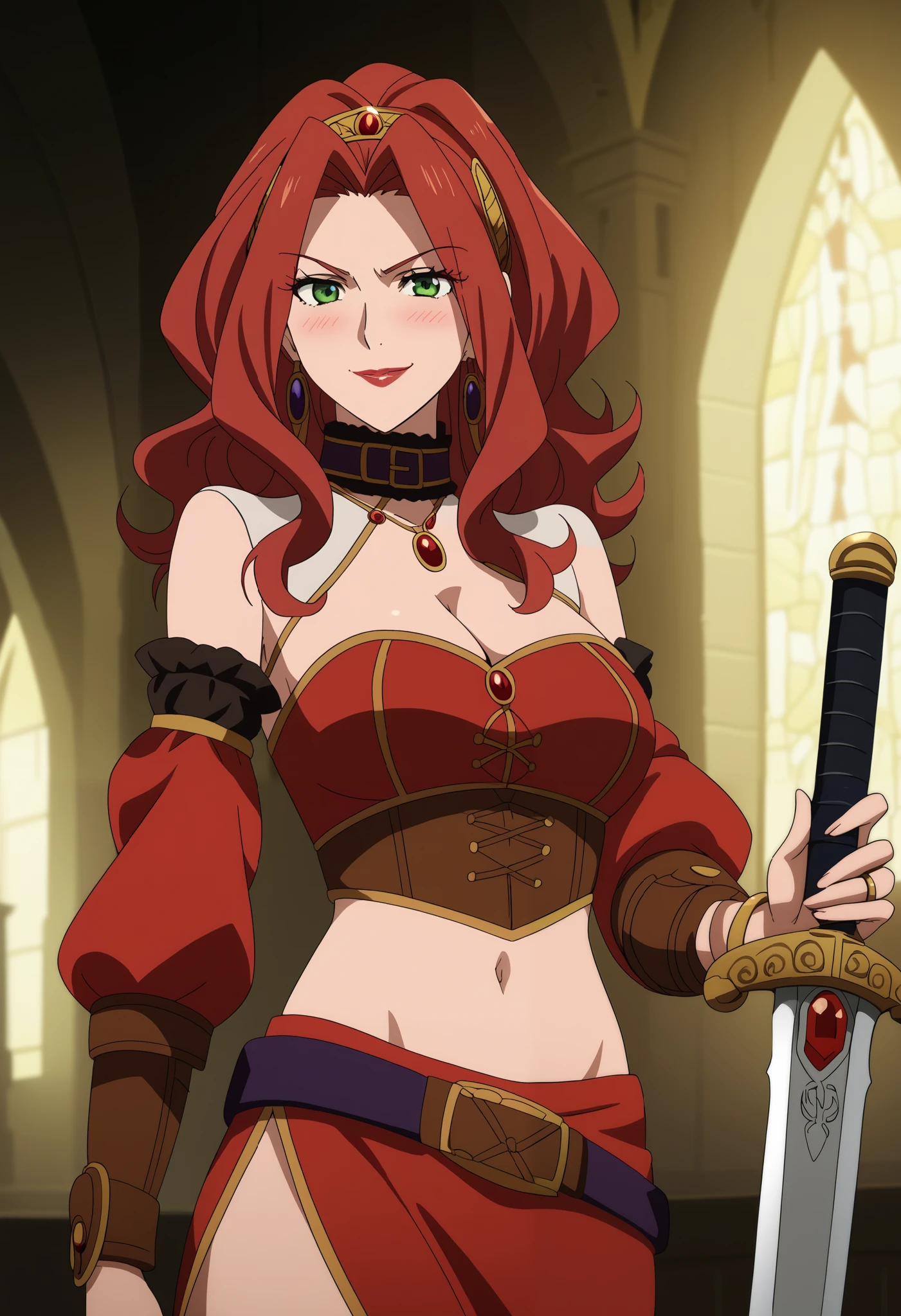Malty Melromarc (The Rising of the Shiel) beautiful body,athletic body, beautiful breasts, bracelets,ring,braceletes,collar,tiara,visible private parts , ultra detailed image, anime image ,girl, anime malty, medium Breasts, excitement, red hair, green eyes , ear piercing, long hair, blush, lipstick,Hot girl, baddie, sensual, attractive ,jewelry, earrings, large breasts, long hair, black eyes,||1. yomamabhamazon, navel, crop top, red clothing, cleavage, long sleeve, side slit, bare shoulder, off shoulder, dragon tattoo, narrowed eyes, tattoo midriff , smirk, castle,inside castle, masterpiece,best quality,mature,evil smile ,necklace,pendant, (nsfw) not safe for work, exposed belly, exposed navel, midriff, exposed lower belly, ,cleavage, , fur trimmed corset,holding a sword, sword, cleavage,