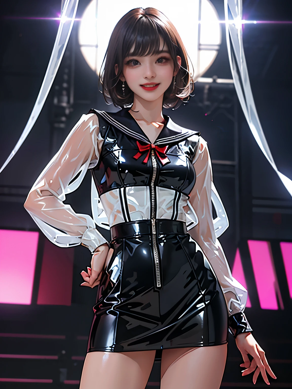 A young and beautiful woman、very beautiful、Top Idol、(Concert)、Euphoric look、smile、sweating、Dance hard、Hair is moving、(Tight transparent latex sailor suit:1.2, Tight transparent latex sailor mini skirt:1.5))、(ribbon)、Spotlight、View your viewers、