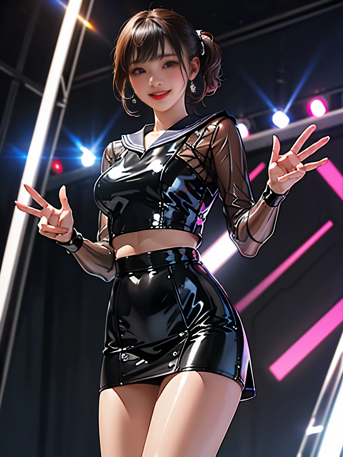 ((Best of the highest quality, 8k, Masterpiece, raw photo: 1.2)), (Sharp focus: 1.2), (1 AESPA, slim body type female, 22 y/o: 1.1), solo, (realistic, photo-realistic:1.37), face focus, cute face, finely eyes, (forehead: 1.16), (sharp chin, droopy eyes: 1.32), (Emphasize prominent aegyo-sal with bright: 1.2), shimmering eyeshadow applied under the lower lash line, paired with thick, (short bob hair: 1.28), alternative outfit, walking on stage, microphone, flower, (from below: 1.16)