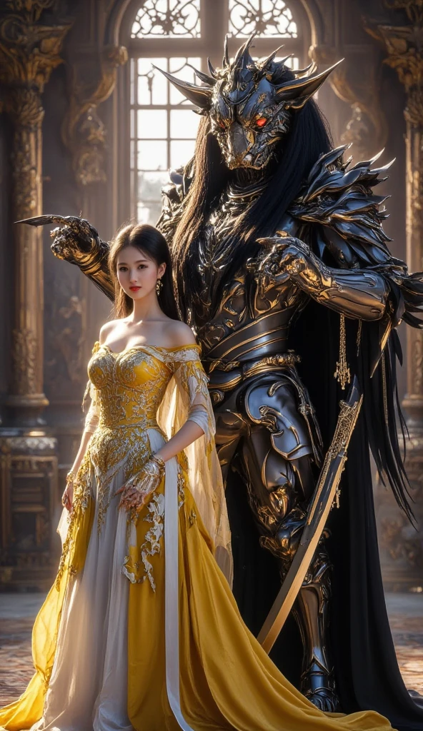 Warrior goddess couple handsome boy and beautiful girl, strong elegant, hyperdetailed face and eyes, mysterious sexy, stransparent dressed in Pharaoh lord's clothes, holding AK47, charming smile, Luis Royo, the couple standing rainbow and galaxy glow, Rubens crack style, dnd character, complex, super meticulous detail, super sharp faces, super realistic hands, masterpiece, expert, crazy detail, 48k resolution, perfect Pathenol temple layout