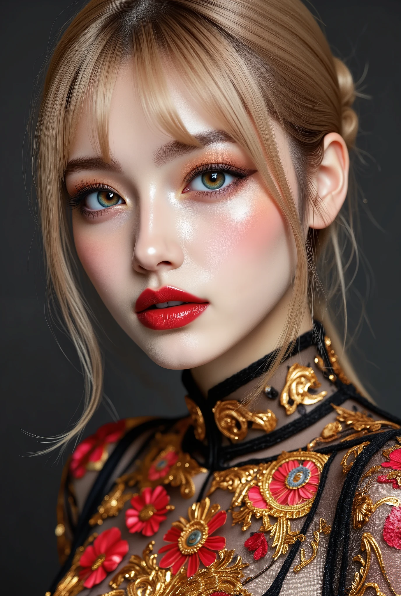 A close up of a woman with a red lipstick and a gold dress - SeaArt AI