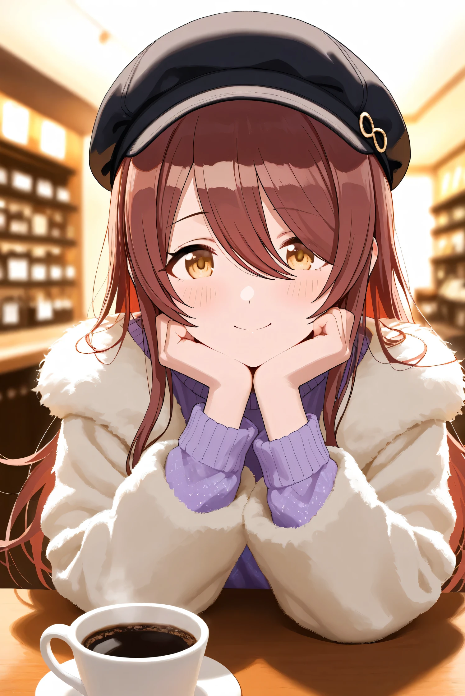 (Masterpiece), (Highest quality), (Very detailed), 
(The best shape), (Best Shadow), (Absurd), 
(Detailed background), (So beautiful), Shiny , 
Extraordinary, Countershading, 8k, 32K, High resolution, Beautiful eyes in every detail,
Very Detailed CG, UHD,

Score_9, Score_8_up, Score_7_up, Source_anime, 
(Pastel painting:1.2), (Watercolor painting:1.2),
(Masterpiece, Detailed:1.2), (Foreshortening:1.2),

Cinematic, Dramatic, (Depth of field:1.4),
(Blurry background:1.4), (Realistic background:1.4),
(Foreshortening:1.3),Dynamic angle, 1 girl,
indoor, coffee shop, Antique coffee shop,
Cinematic Light,

Osaki tenka,
the idolmaster shiny colors,
tenkaosaki,
red hair, brown hair, yellow eyes,

(casual wear:1.3),
Work cap, Black cap, 
Fur coat, Khaki coat
Sweater, Purple sweater, Sweater sleeves,

Portrait, Focus on face,
(Blush:1.3), Happy, smile,
sitting, lie face down,
Realistic skin, Shiny skin,