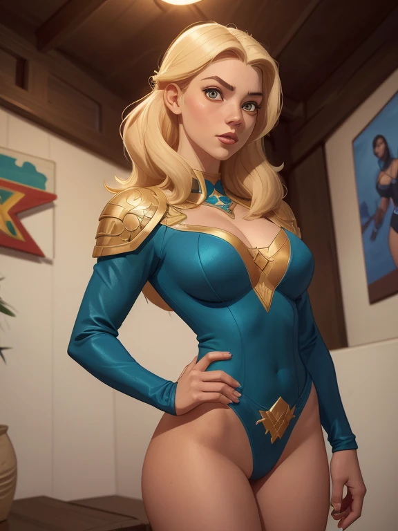 j scott campbell  eclipse lunar　A Mata　Facas　cabelos pretos longos cabelo rabo de cavalo　olhos amarelos　Mulheres Bonitas   (NSFW:1.0)       young girl, medium breasts, tied up hair, tiny waist, very little nipples, sexy look, super sexy pretty face, naked, super girl new 52, gorgeous, 18 yo, sitting, crossed legs, short blonde hair, blue and red costume