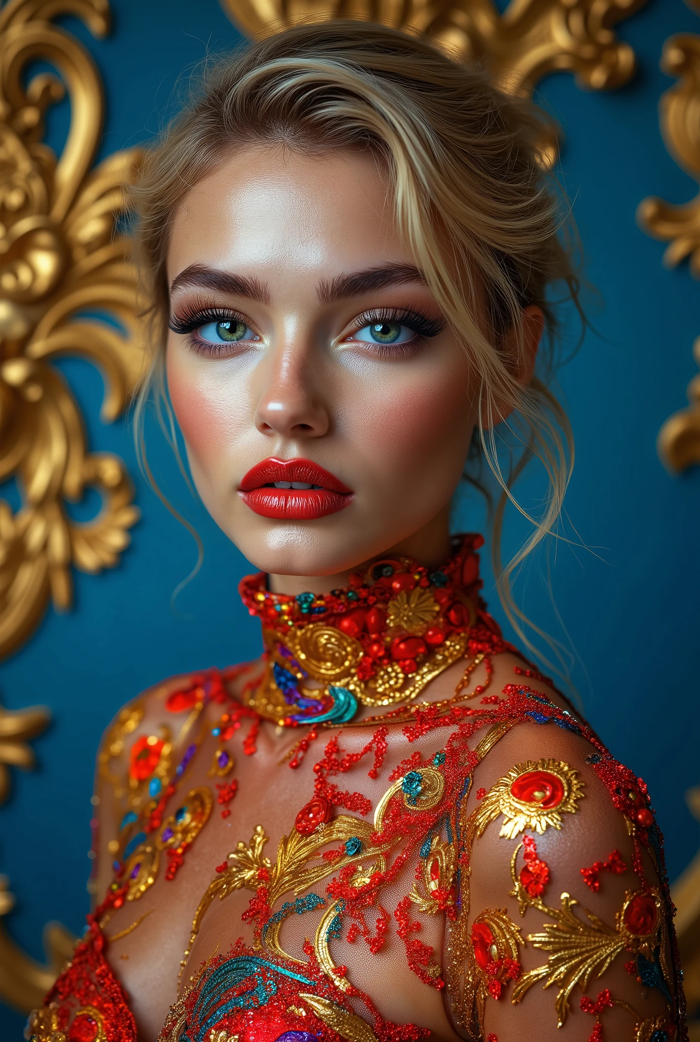 Realistic ((Photorealistic realism)), Hyper high resolution, ((Hyper insanel quality, epice masterciece, intricately detailed digital art)),((focus on extremely Realistic Proportion Body:1.3))(ultra realistic texture details: velvety skin, hair), ((sharp focus, no blurry eyes, Hyper absurd quality, Hyper details,Hyper realistic green_eyes:1.4)),((extra narrow eyebrows)),(Carefully draw Long blue_mascara:1.15),(perfect round eyes), (finely detailed pupils, (extremely fine details pupils)), detailed lips:1.3, (apply glossy red_lipstick:1.3), (perfect proportions:1.2), BODY PAINT FINISH, ((Transparent_ Garnet Solo Mesh))、 Versace Baroque Pattern), body paint dress, (short blonde stylish hair, ((slicked to the side:1.3)), extreme details:1.35)), dslr, high quality split lighting, sharp focus captured by Fujifilm XT3, f 5.6,(perfect composition),((look at the viewer)), HDR, UHD, studio lighting, physically-based rendering, vivid colors,
