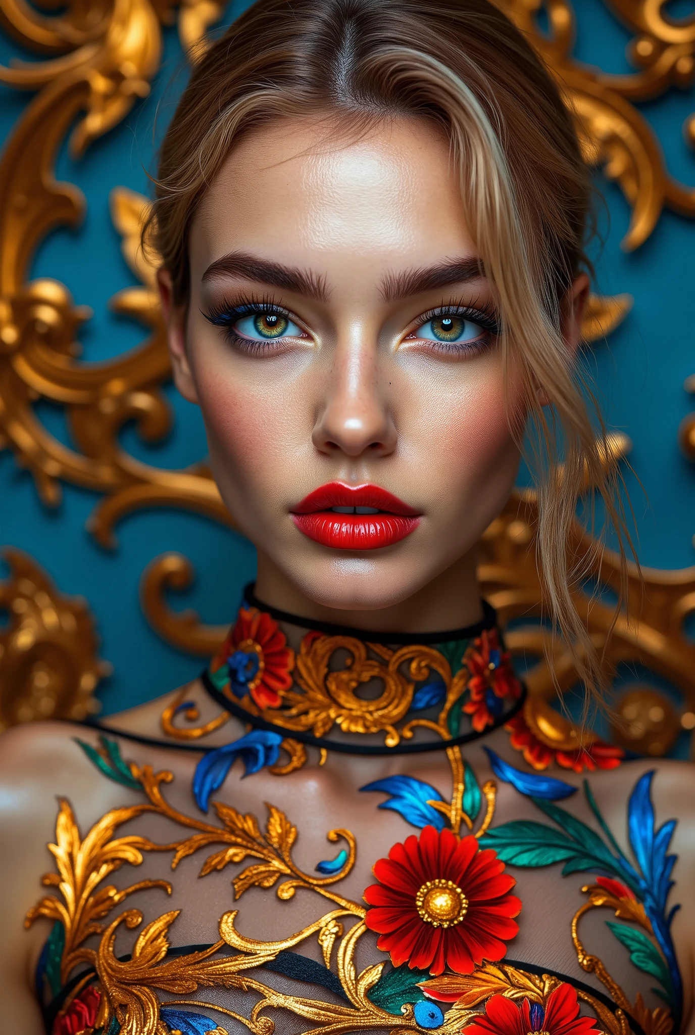  Realistic ((Photorealistic realism)), Hyper high resolution, ((Hyper insanel quality, epice masterciece, intricately detailed digital art)),((focus on extremely Realistic Proportion Body:1.3))(ultra realistic texture details: velvety skin, hair), ((sharp focus, no blurry eyes, Hyper absurd quality, Hyper details,Hyper realistic green_eyes:1.4)),((extra narrow eyebrows)),(Carefully draw Long blue_mascara:1.15),(perfect round eyes), (finely detailed pupils, (extremely fine details pupils)), detailed lips:1.3, (apply glossy red_lipstick:1.3), (perfect proportions:1.2), BODY PAINT FINISH, ((Transparent_ Garnet Solo Mesh))、 Versace Baroque Pattern), body paint dress, (short blonde stylish hair, ((slicked to the side:1.3)), extreme details:1.35)), dslr, high quality split lighting, sharp focus captured by Fujifilm XT3, f 5.6,(perfect composition),((look at the viewer)), HDR, UHD, studio lighting, physically-based rendering, vivid colors,