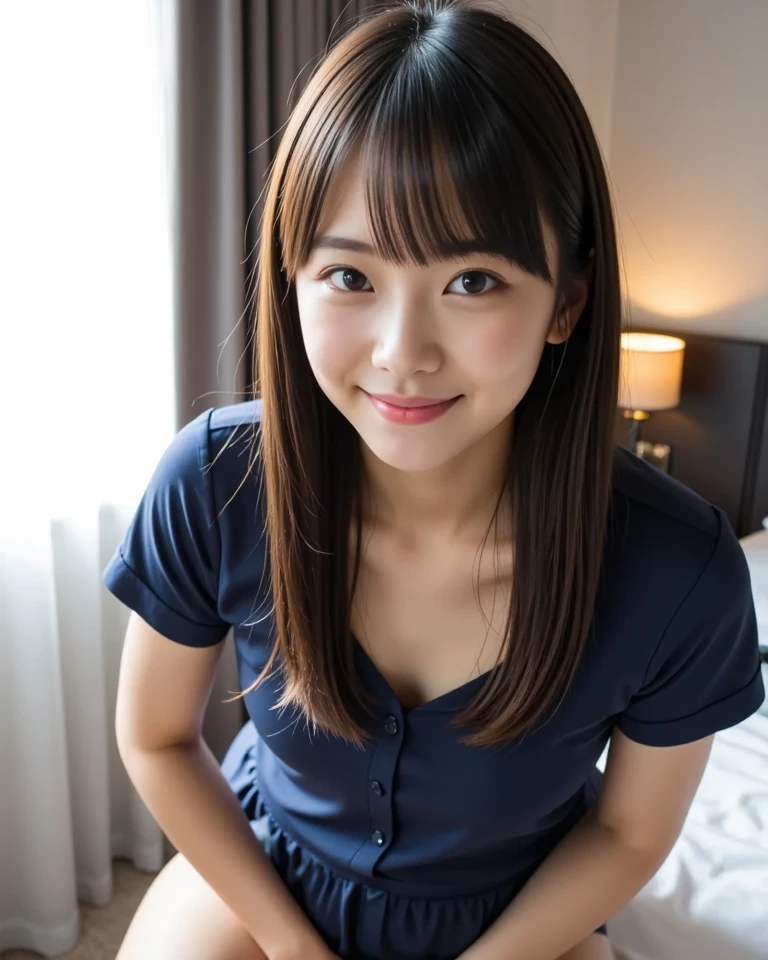 Pieces fly, Highest quality, figure, Very detailed, Fine details, High resolution, 8K,wallpaper, Perfect dynamic composition,(Detailed high quality, Realistic depiction of eyes:1.3,cute,Kind eyes,Childish), (Perfect plain T-shirt:1.2, Tight mini skirt),Large Breasts:0.8, Sexy pose, (((10-year-old girl)))、(cuteタイプ、Lolita)、Beautiful feet, Hotel Rooms, Gravure idol pose, (Woman standing on top, Straddle, sit)