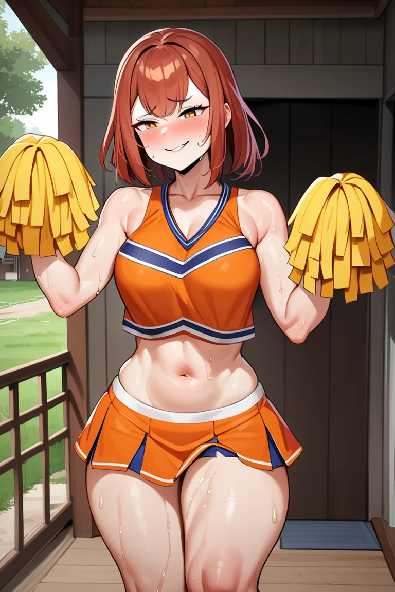 score_9, score_8_up, score_7_up, source_anime, BREAK, (((yew))), , 1girl, solo, chubby, cheerleader, cheerleading uniform, Very big butt,cleavage, thicc