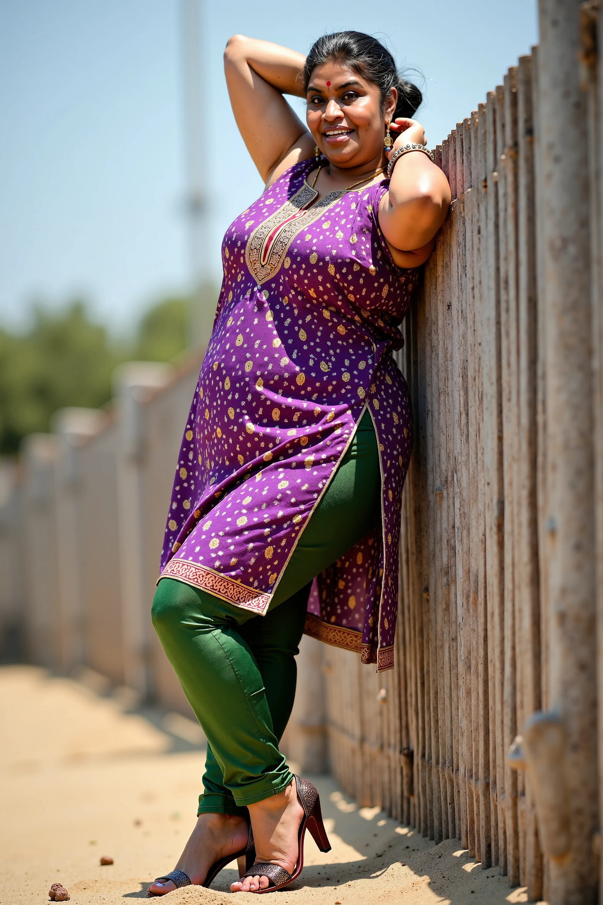 Day scene, A radiant, full-figured South Indian 35 year old aunty a green colour chiffon mini skirt and black chiffon shirt, standing, in a garden captured in a full-body image with vibrant hues and meticulous details. Full body image