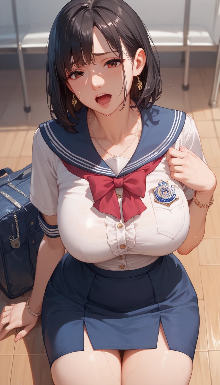 (masterpiece, best quality, ultra-detailed, high resolution, detailed eyes), {{{1mature female}}}, beautiful female, anime, (40 years old), (school girl uniform, sailor), curvy body, large breast, (makeup:1.0), big eyes, earrings, pet collar, (open mouth:1.4), (tongue out:1.4), (breath:1.3), sitting, spread legs, skirt lift, masturbation, fingering pussy, orgasm, trembling