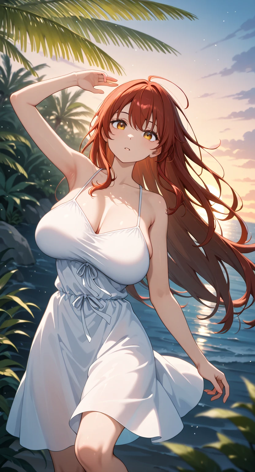1 girl, alone, long orange hair, running, (tall wheat field), turn around, emerald eyes, revealing dress, revealing white outfit, sunset, spectacular sunset, shadow on figure, smile, laugh, (sky blue), on a wheat background, standing in the distance, looking at the viewer.