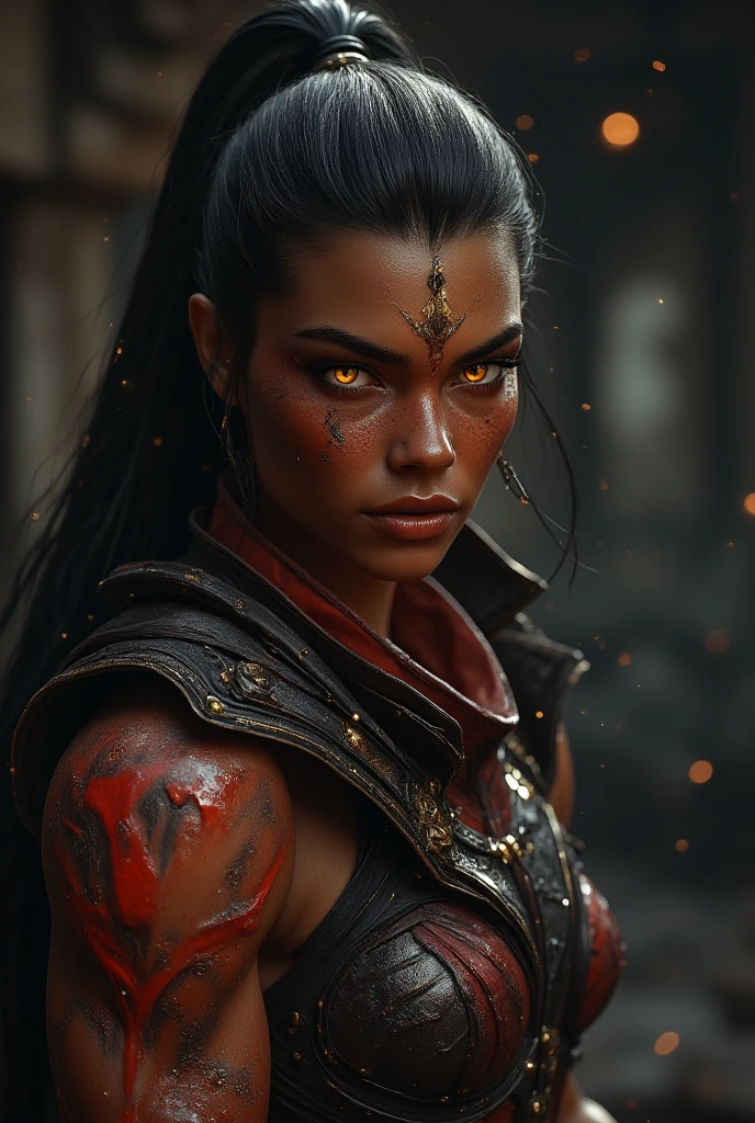 The 100 octavia, (8k, RAW photo, best quality, masterpiece:1.2), (realistic, photo-realistic:1.37), best quality, ultra high res, (focus face:1.6), (portrait face:1.3), (black warpaint:1.6), (red grudge eye makeup:1.4),